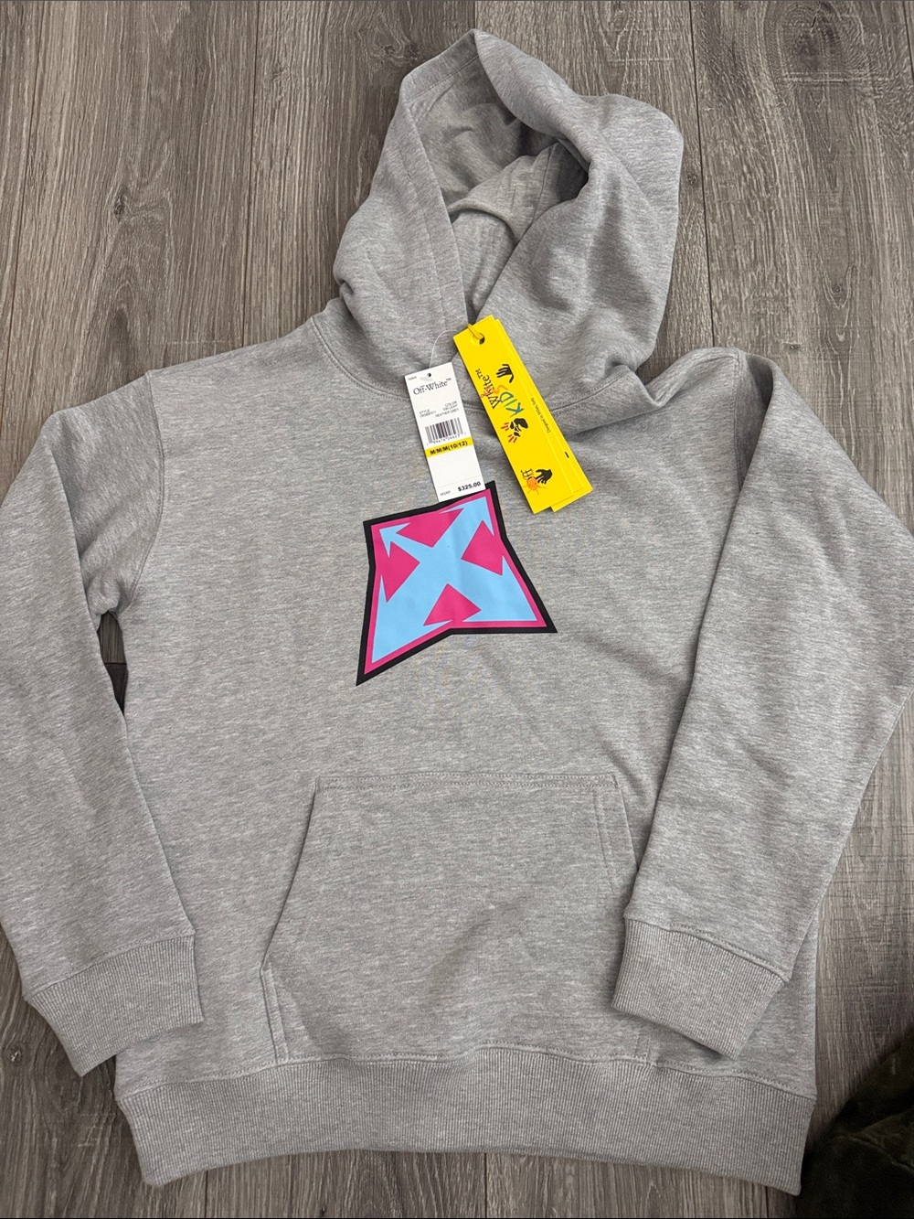 Off-White Gray Crewneck Hoodie with Blue & Pink Star Graphic